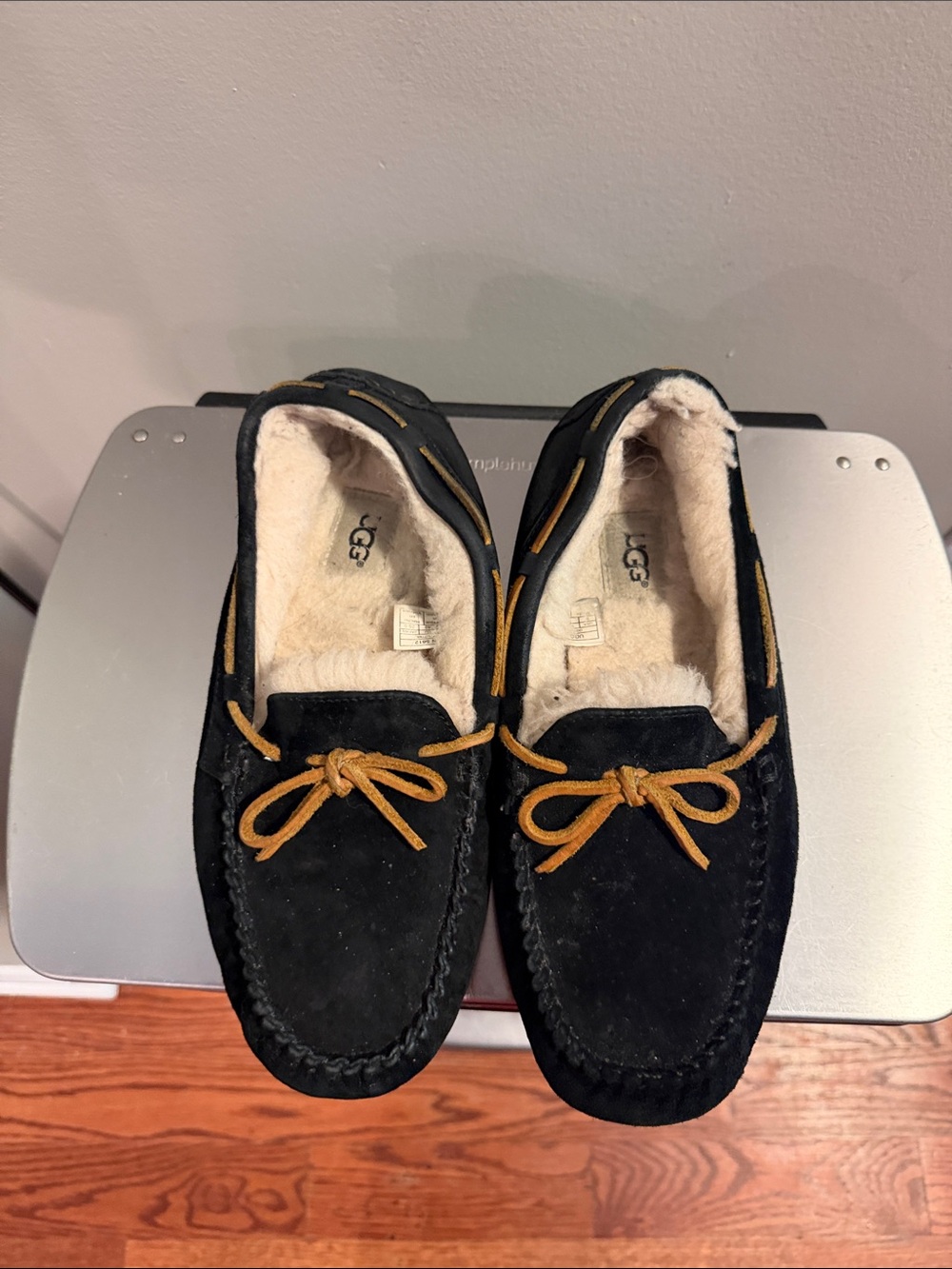 UGG Women's Black Suede Moccasin Slippers with Chestnut Trim